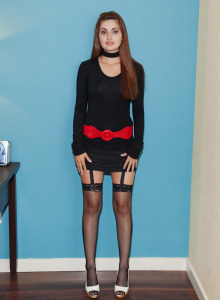 Exciting Jade Couture is in the office wearing tight petite dress and nylon stockings