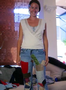 Valerie with the hairy bush putting on her tight blue jeans